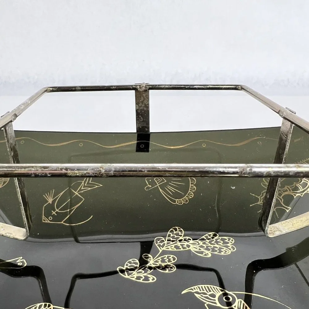 2 Tier Black Glass Tray Dish Gold Sea Creatures‎ Candle Holder MCM Chip Dip VTG